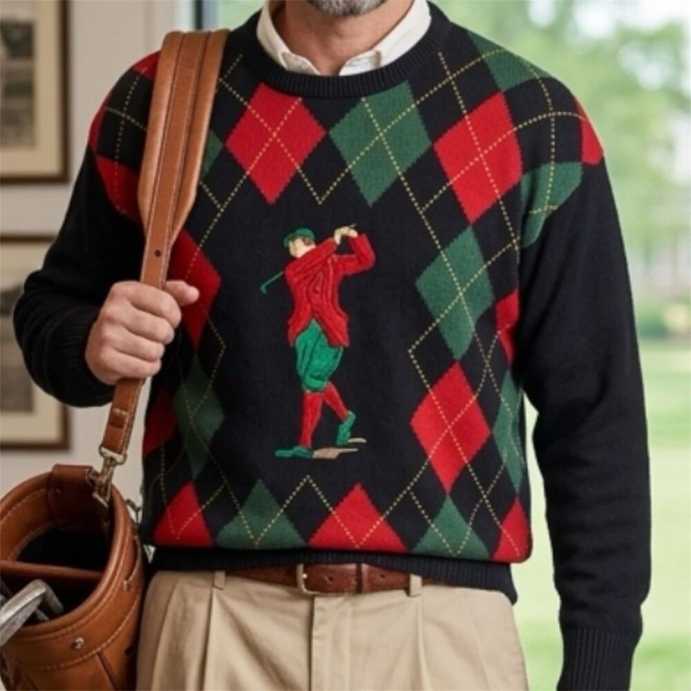 Pringle of Scotland Sweater Mens Sz L Golf Argyle Embroidered Golfer Vintage - Picture 1 of 9